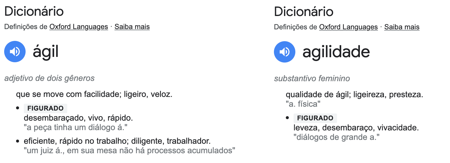 Dicionário com significados de Ágil e de Agilidade